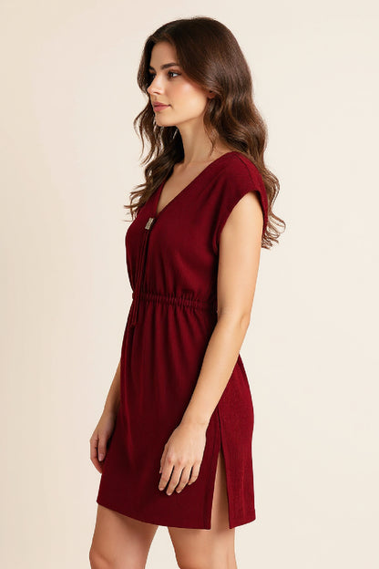 Kadın Haki Yanları Yırtmaçlı Tokalı V Yaka Mini Plaj Elbisesi