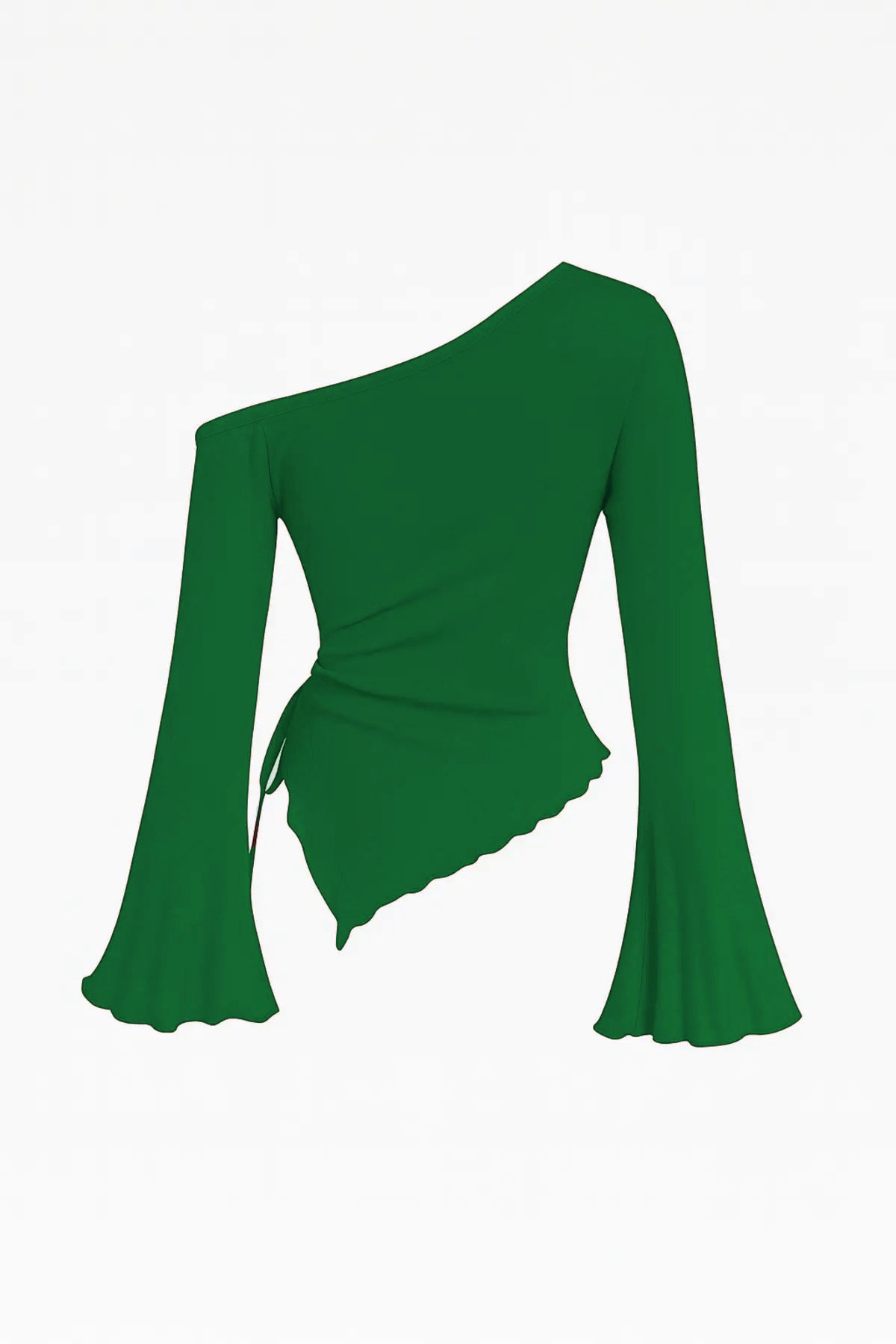 Kadın Siyah Uzun İspanyol Kollu Asimetirik Yaka Yandan Bağlamalı Drapeli Bluz