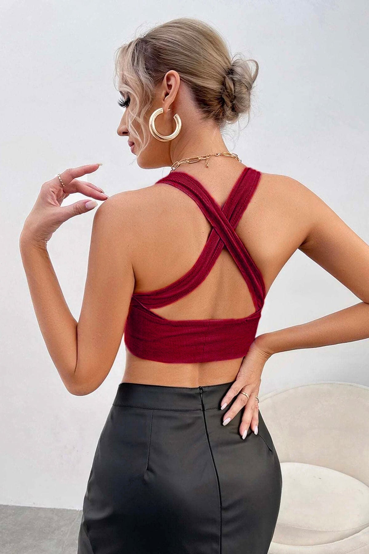 Kadın Bordo Çapraz Sırt Detaylı Şık Crop Top Büstiyer