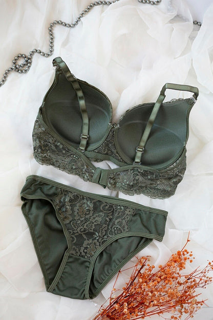 Kadın Haki Yeşili Dolgulu Dantel Sütyen Ve Külot Takım