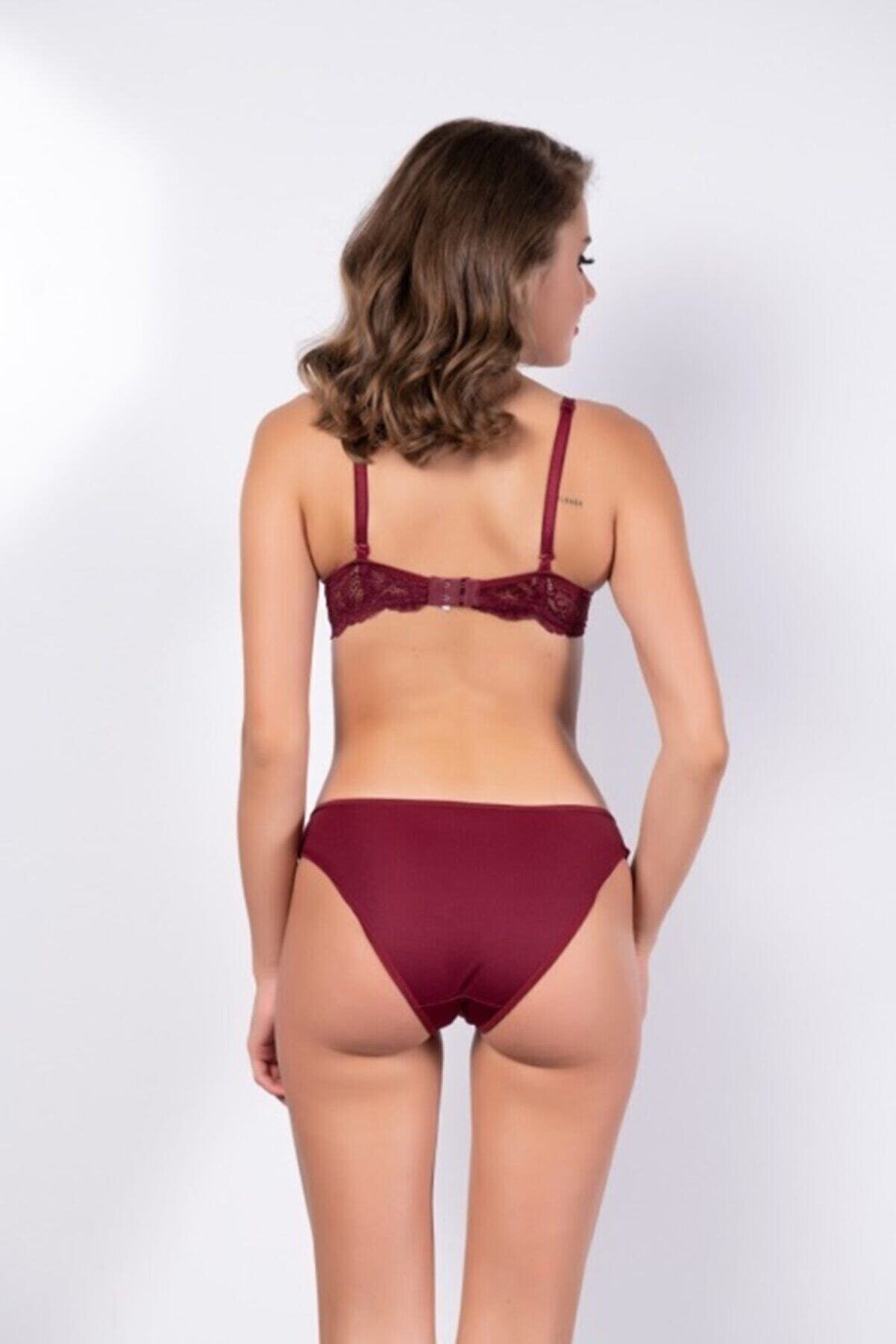 Kadın Bordo Dantel Detaylı Sütyen Ve Külot Takım