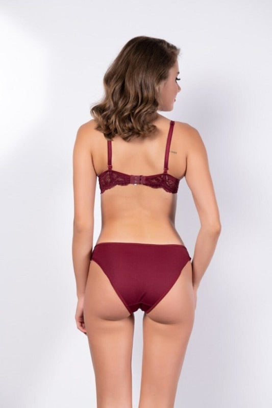 Kadın Bordo Dantel Detaylı Sütyen Ve Külot Takım