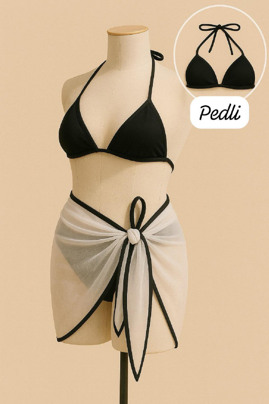 Kadın Siyah ve Leopar Desenli Pareolu 3'lü Bikini Takımı