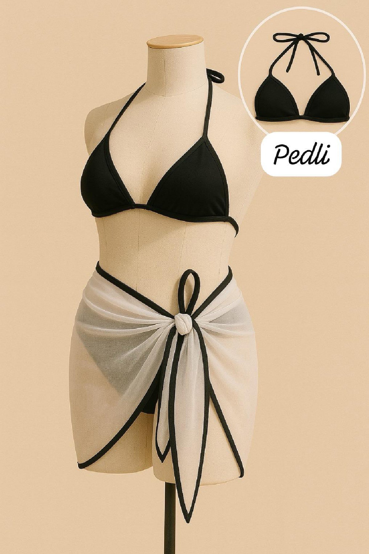 Kadın Siyah ve Leopar Desenli Pareolu 3'lü Bikini Takımı