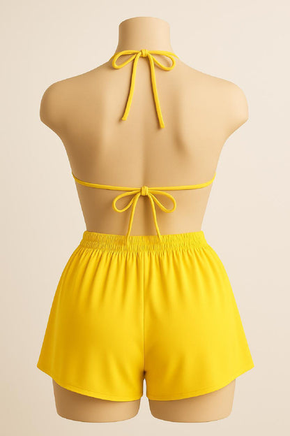 Kadın Sarı Şortlu Belden ve Boyundan Bağlamalı Bikini Takımı