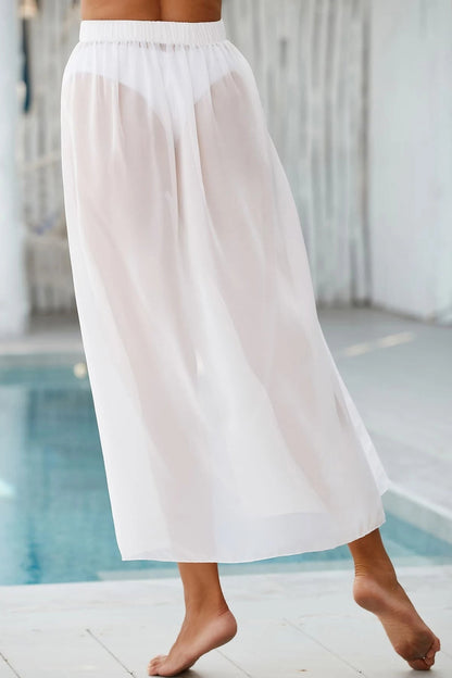 Kadın Beyaz Yırtmaçlı Tül Pareo Etek Plaj Elbisesi