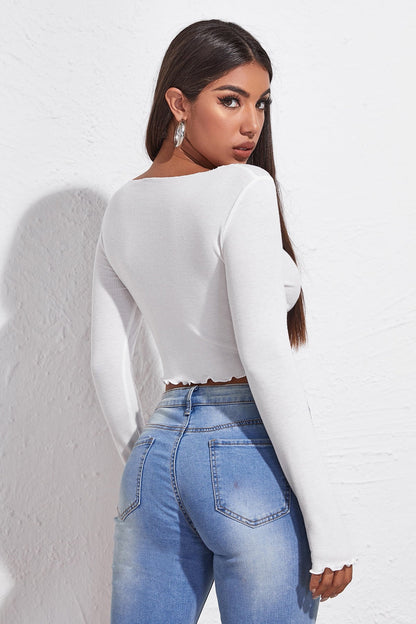 Kadın Beyaz Uzun Kollu Büzdürme Bağcık Detaylı Crop Top Bluz