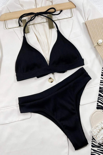Kadın Siyah Boyundan Ve Belden Bağlamalı Yüksek Bel Bikini Takımı