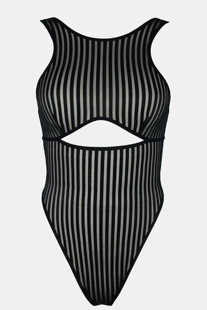 Kadın Siyah Cut-Out Detaylı Transparan Çizgili Gecelik