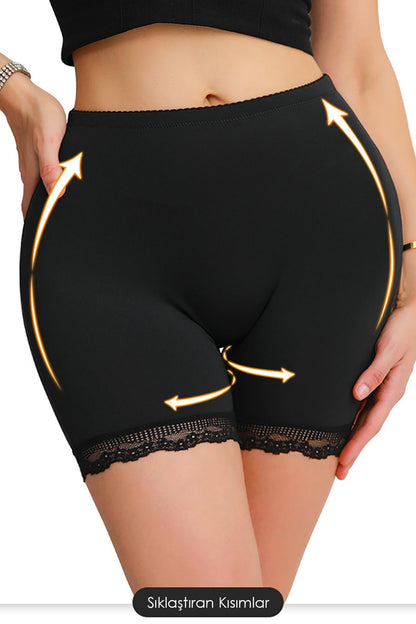 Kadın Siyah Pop Up Kalça Kaldırıcı ve Sekillendirici Dantel Paçalı Şort Külot