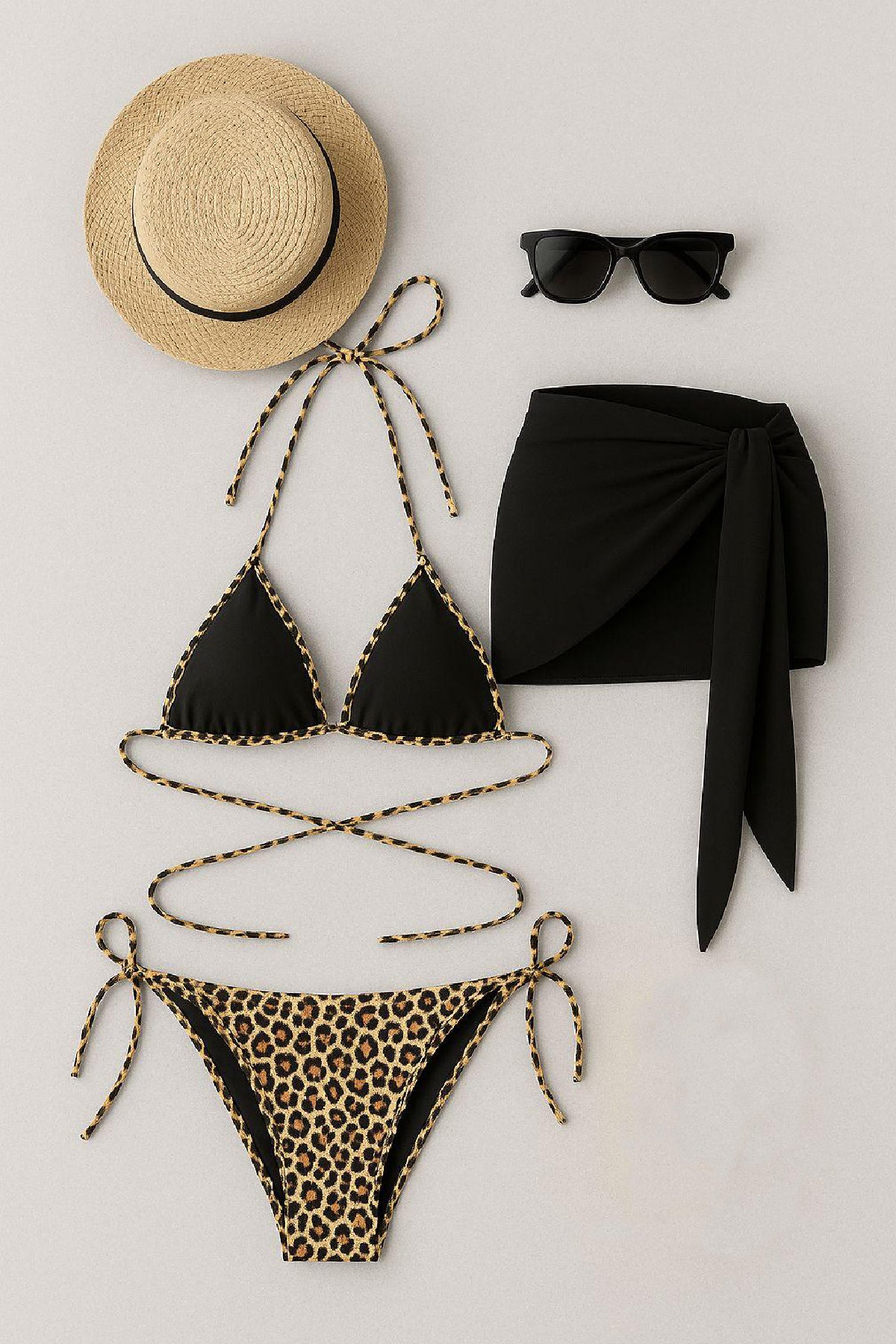 Kadın Siyah ve Leopar Desenli Pareolu 3'lü Bikini Takımı