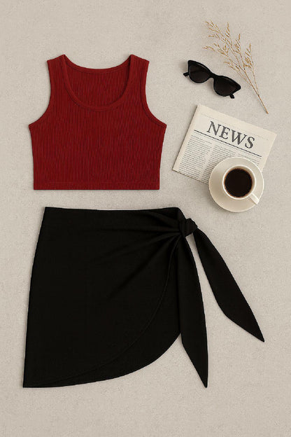 Kadın Pembe Yarım Kol Crop ve Siyah Pareo 2'li Set