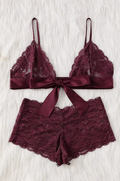 Kadın Bordo Dantelli & Kurdelalı Sütyen Külot Takımı