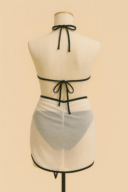 Kadın Siyah ve Leopar Desenli Pareolu 3'lü Bikini Takımı