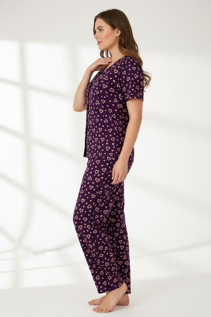 Kadın Turuncu Kalp Desenli Fiyonklu Kısa Kollu Uzun Pijama Takımı