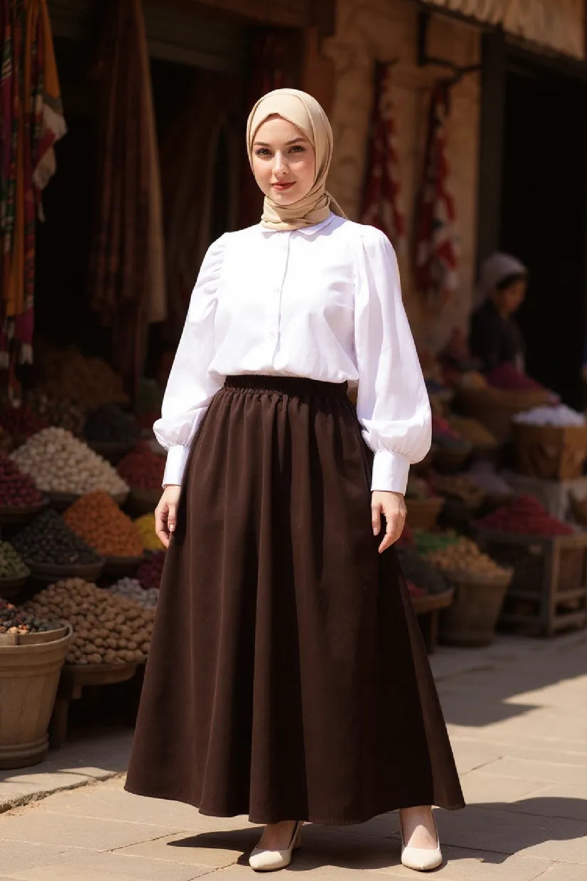 Kadın Kahverengi Double Kumaş Beli Lastikli Cepli Etek