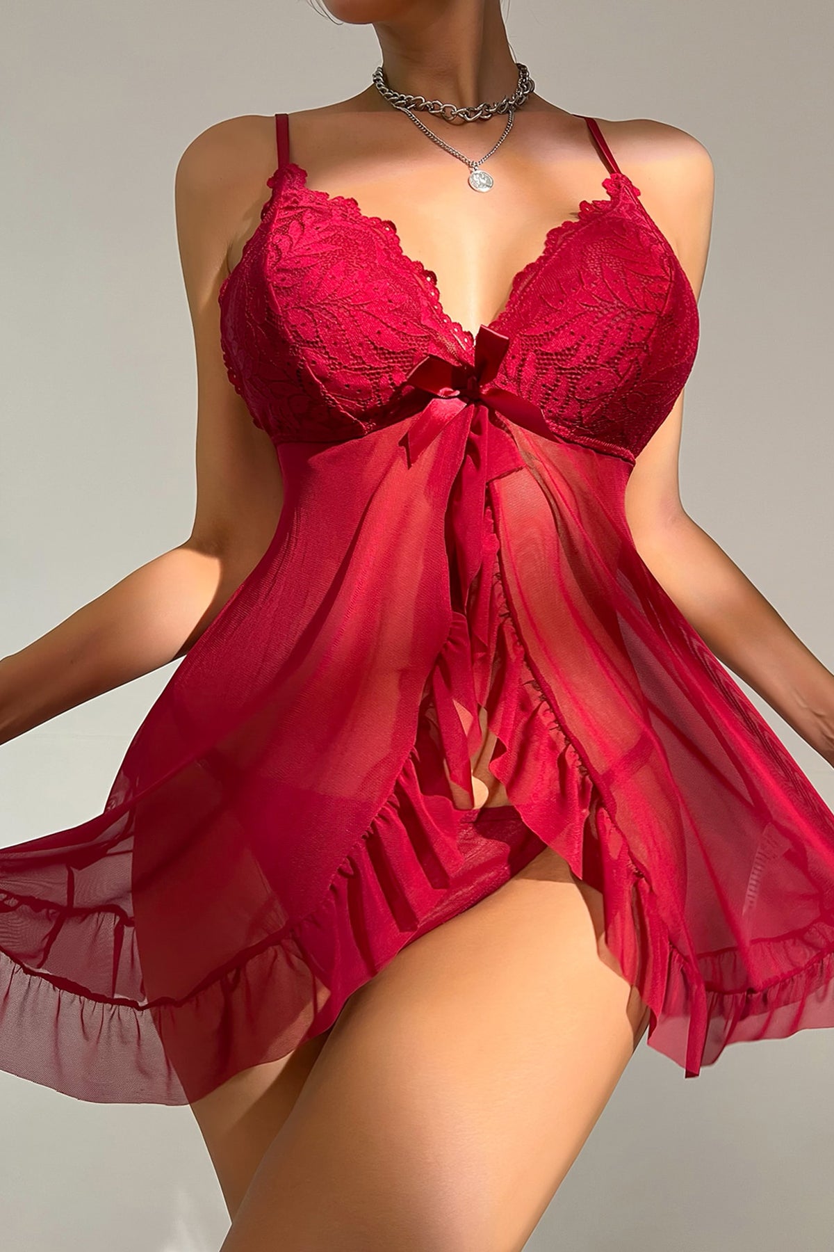 Kadın Bordo Dantelli, Fırfırlı Tül ve Fiyonk Detaylı Tangalı Gecelik Takımı