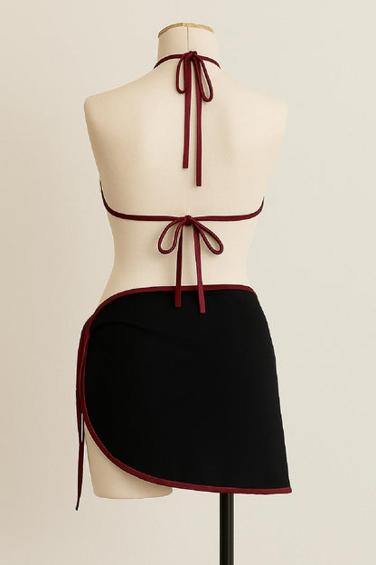 Kadın Siyah ve Leopar Desenli Pareolu 3'lü Bikini Takımı