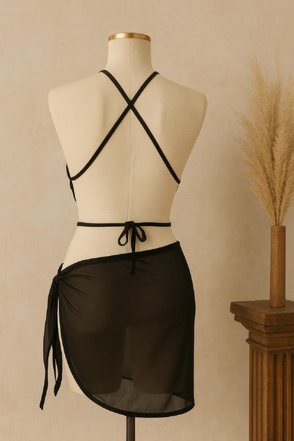 Kadın Pembe Yarım Kol Crop ve Siyah Pareo 2'li Set