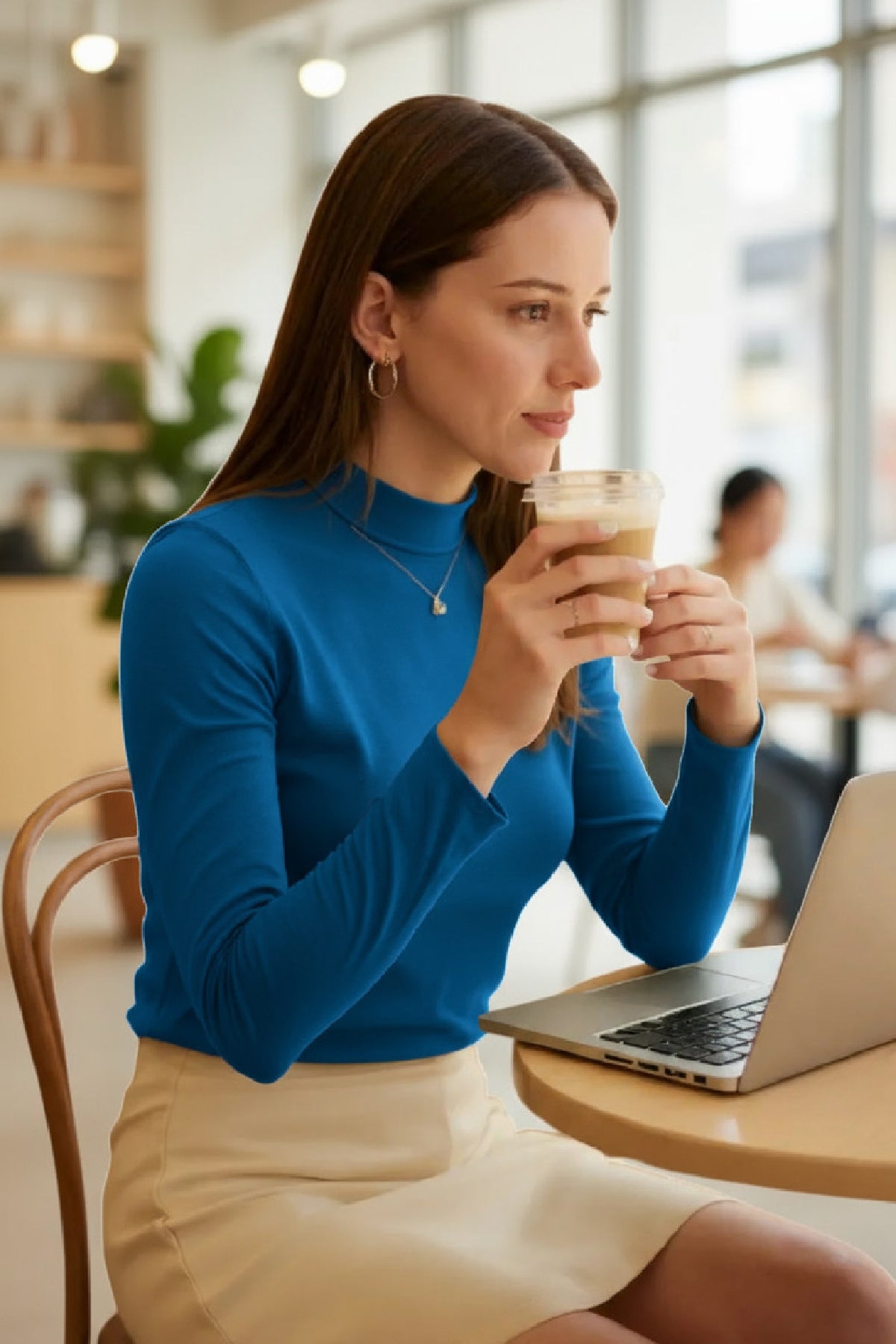 Kadın Mavi Parmak Detaylı Esnek Uzun Kollu Body