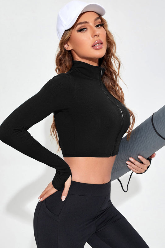 Kadın Siyah Uzun Kol Fermuarlı Parmak Geçme Detaylı Dik Yaka Crop Top Bluz