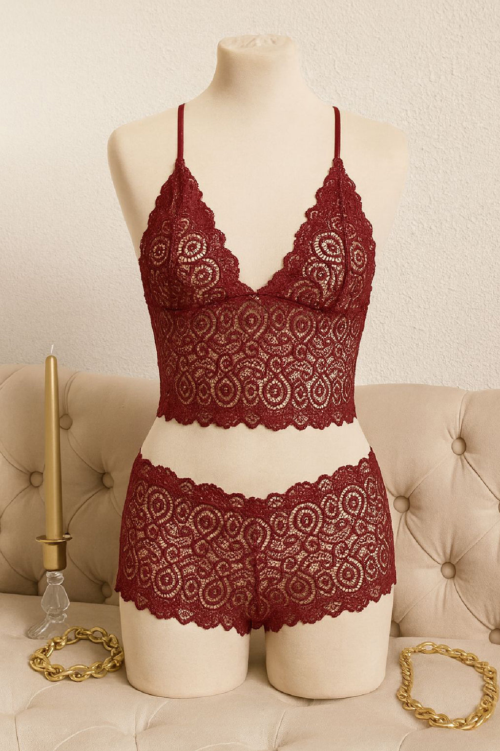 Kadın Bordo Dantel Bralet Şort Takımı – Asil ve Sofistike İç Giyim