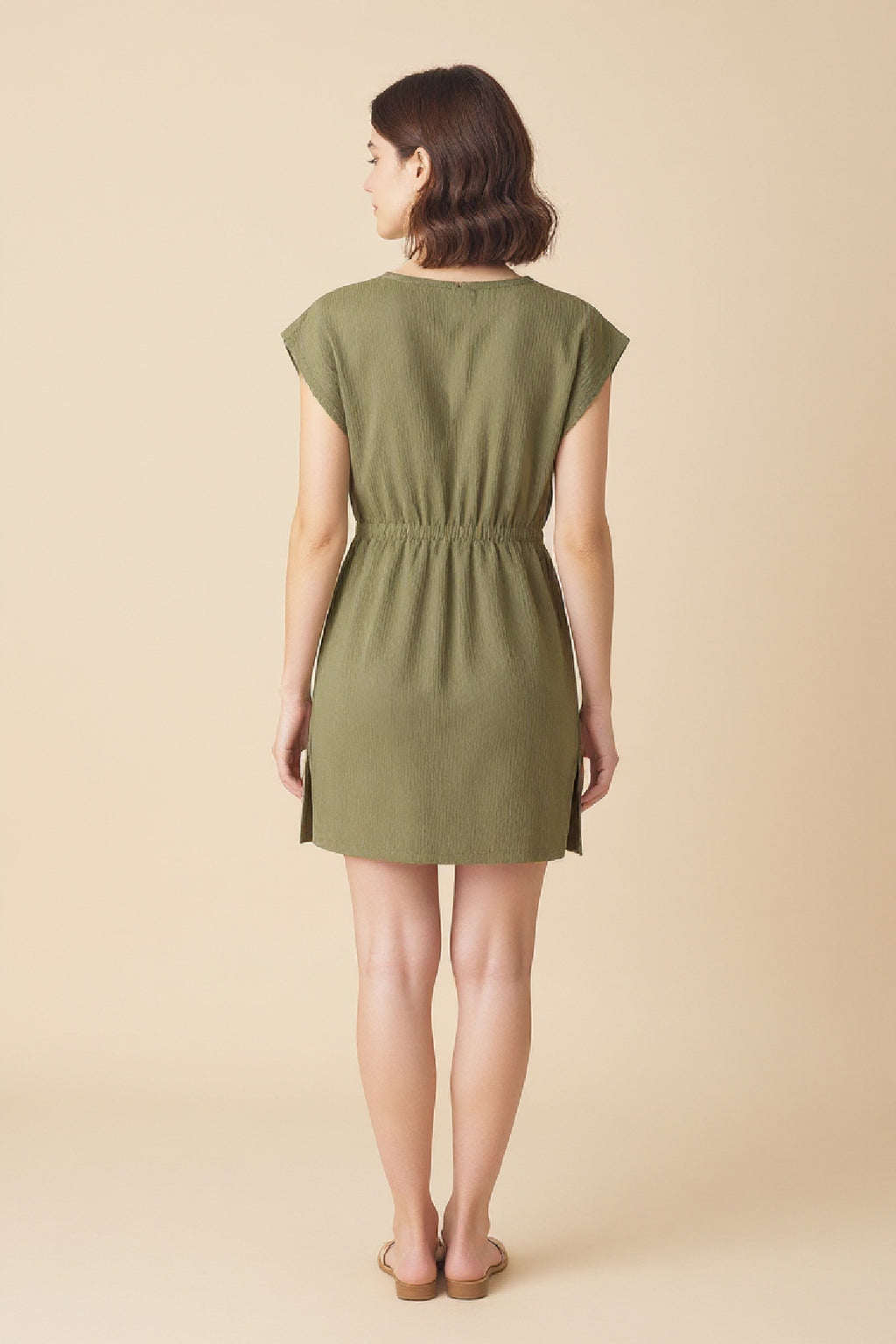 Kadın Haki Yanları Yırtmaçlı Tokalı V Yaka Mini Plaj Elbisesi