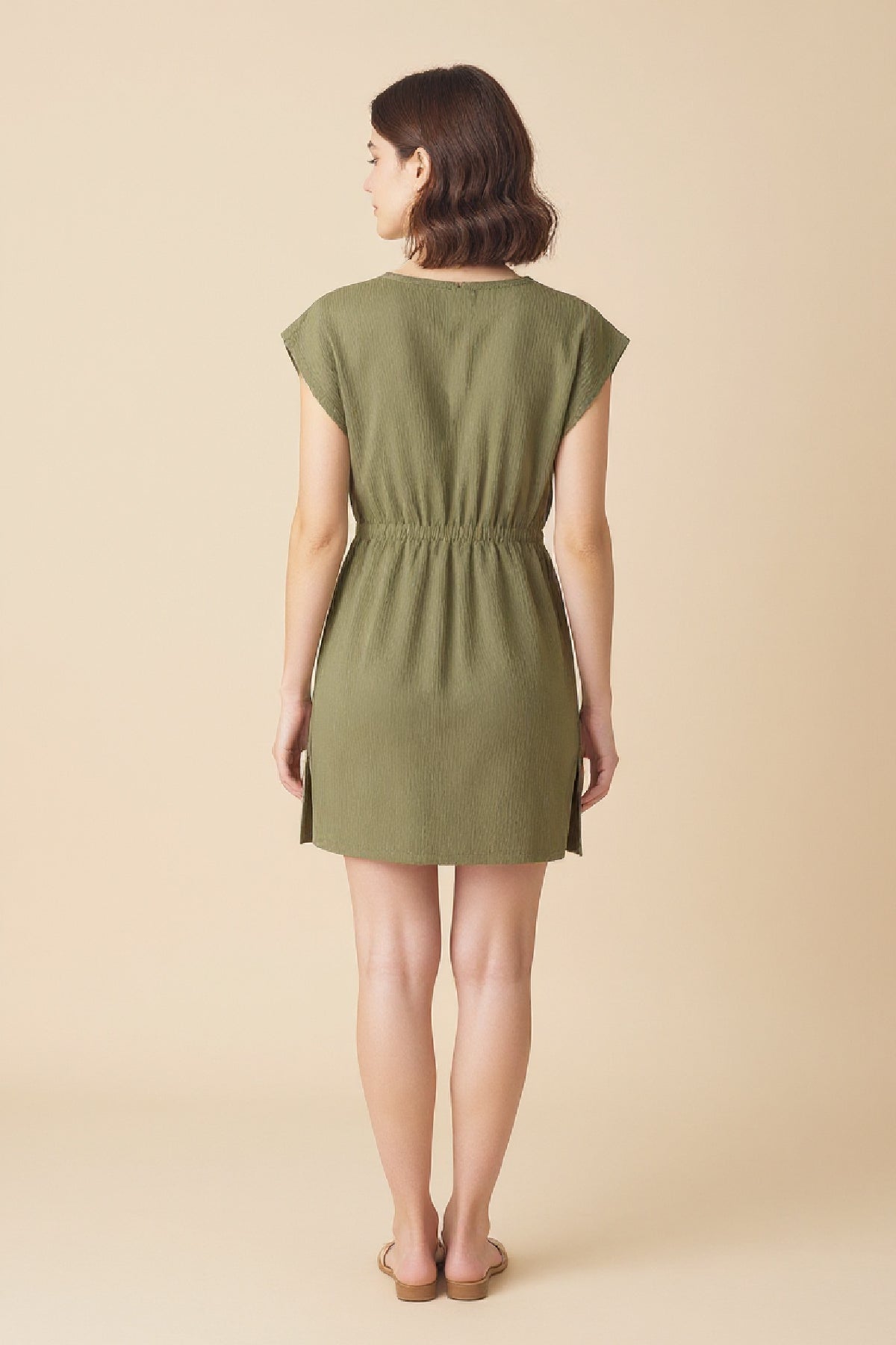 Kadın Haki Yanları Yırtmaçlı Tokalı V Yaka Mini Plaj Elbisesi