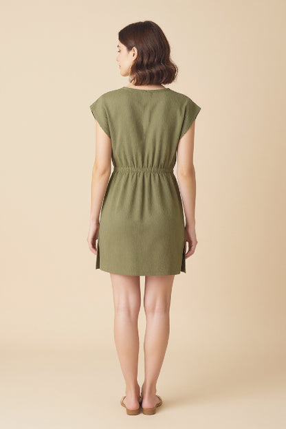 Kadın Haki Yanları Yırtmaçlı Tokalı V Yaka Mini Plaj Elbisesi