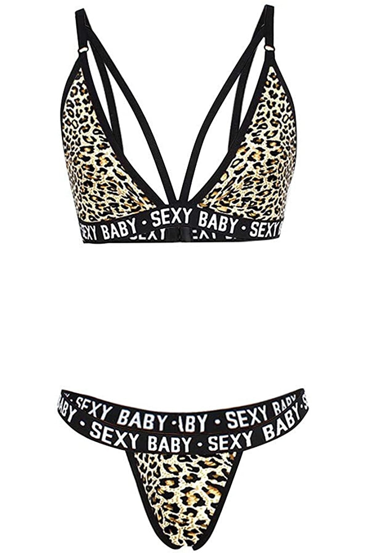 Kadın Leopar Desenli Yazı Detaylı Ipli Sütyen Takımı