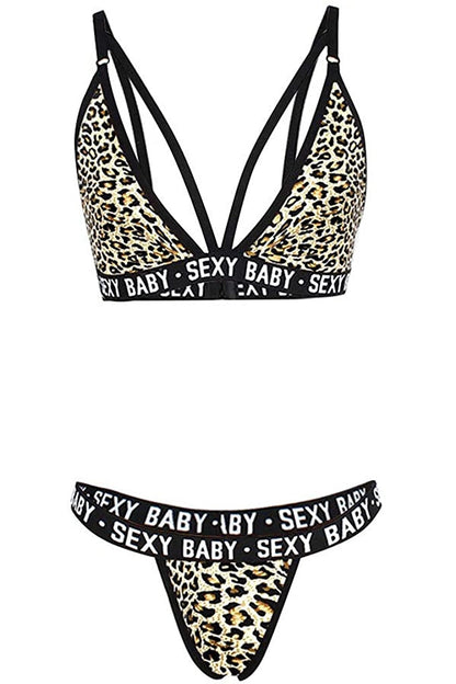 Kadın Leopar Desenli Yazı Detaylı Ipli Sütyen Takımı
