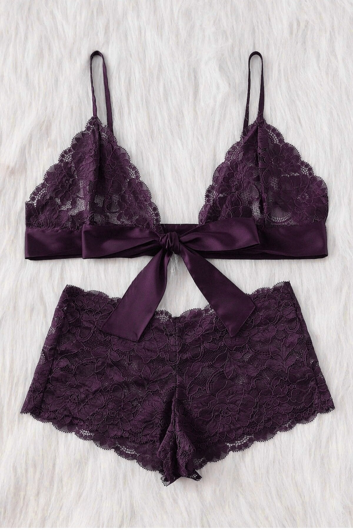 Kadın Mor Dantelli & Kurdelalı Sütyen Külot Takımı