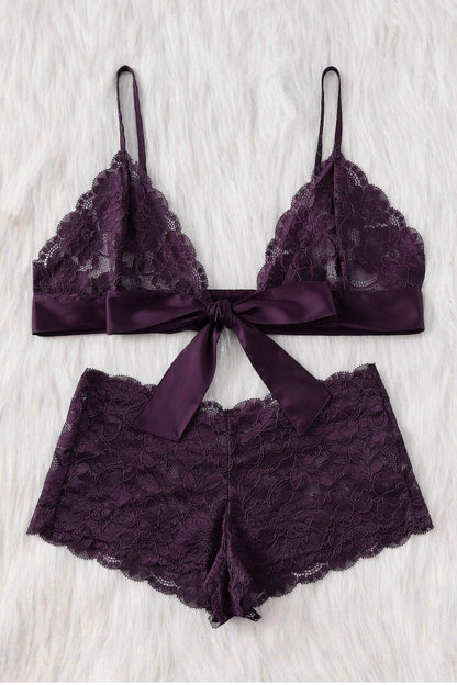 Kadın Mor Dantelli & Kurdelalı Sütyen Külot Takımı