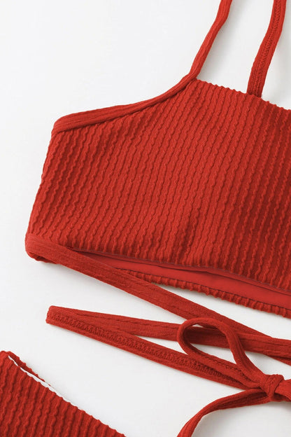 Kadın Kırmızı Çapraz Bağlama Detaylı Yüksek Bel Bikini Takımı