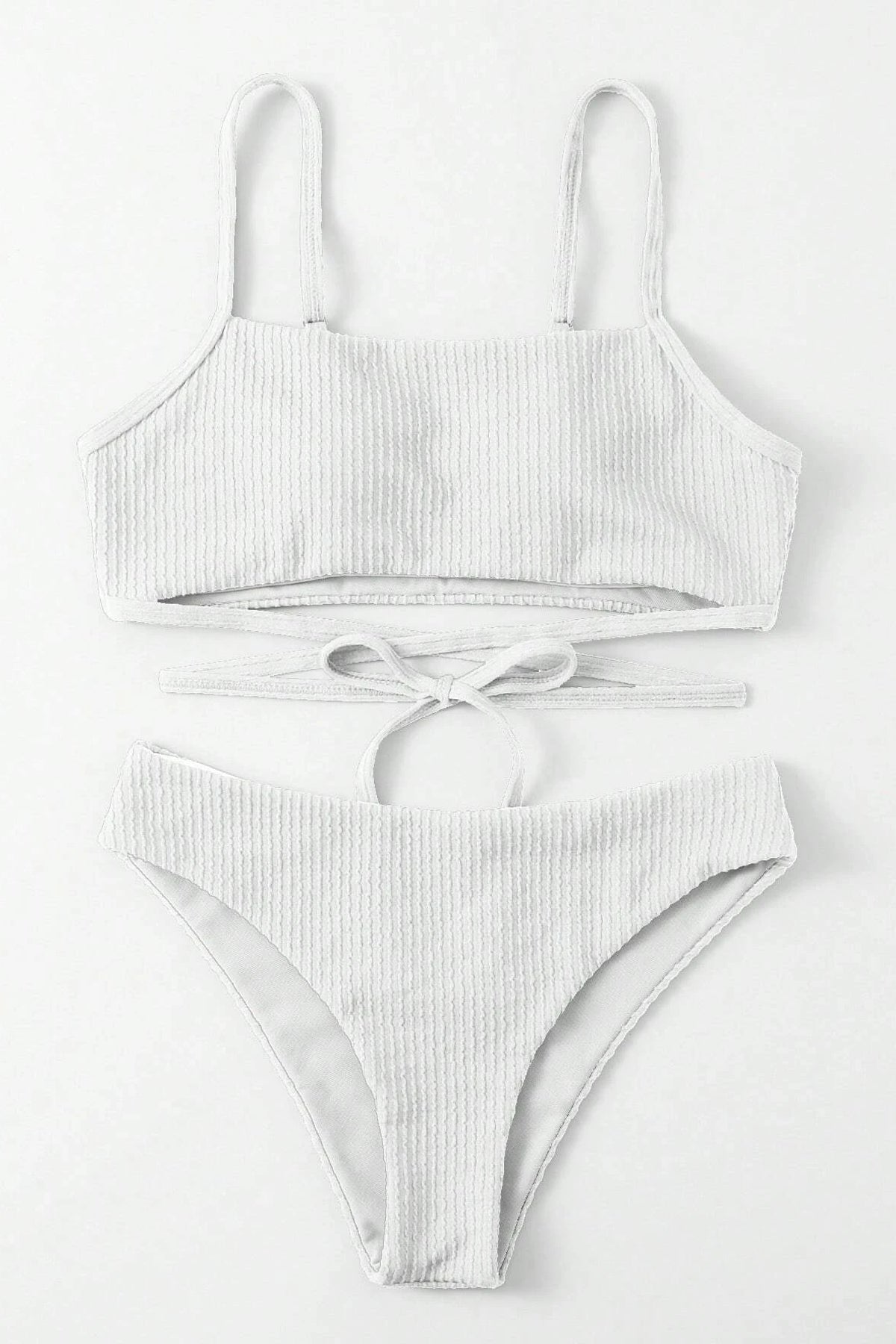 Kadın Beyaz Çapraz Bağlama Detaylı Yüksek Bel Bikini Takımı
