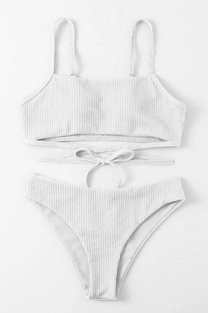 Kadın Beyaz Çapraz Bağlama Detaylı Yüksek Bel Bikini Takımı
