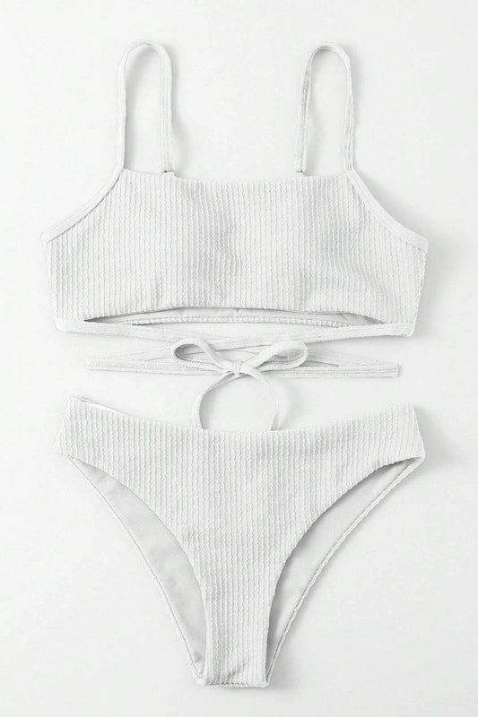 Kadın Beyaz Çapraz Bağlama Detaylı Yüksek Bel Bikini Takımı