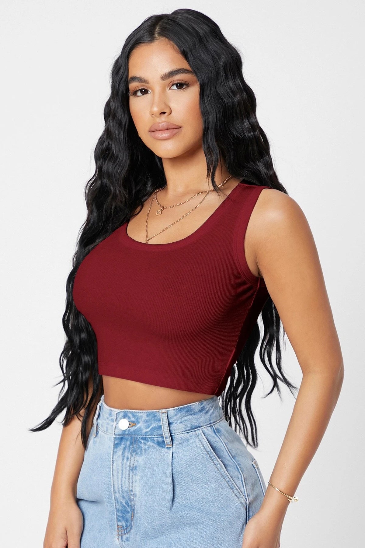 Kadın Bordo Kare Yaka Crop Top Bluz