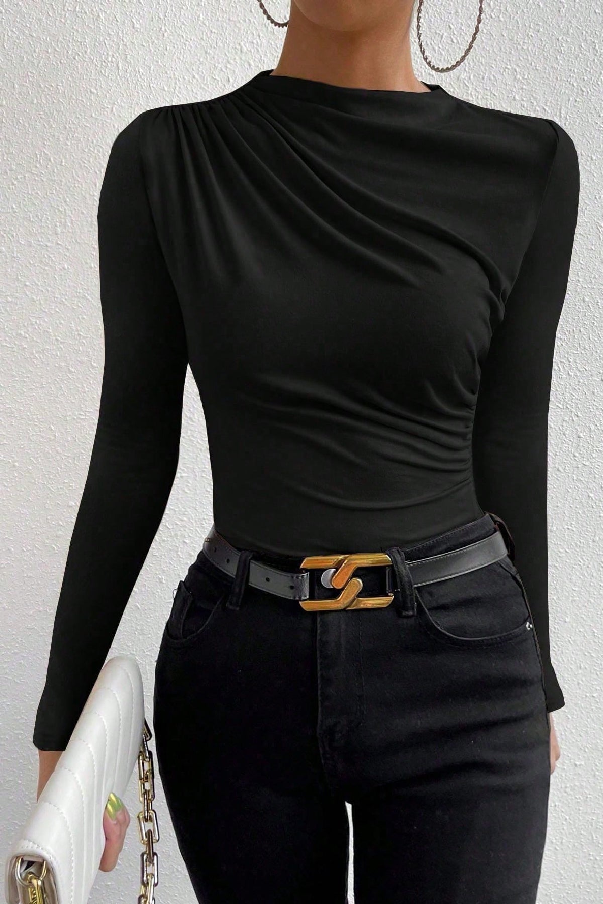 Kadın Bordo Belden ve Boyundan Büzgü Detaylı Uzun Kollu Bluz