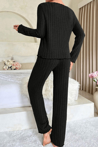 Kadın Siyah Uzun Kollu Fiyonklu Yuvarlak Yaka Mevsimlik Pijama Takımı