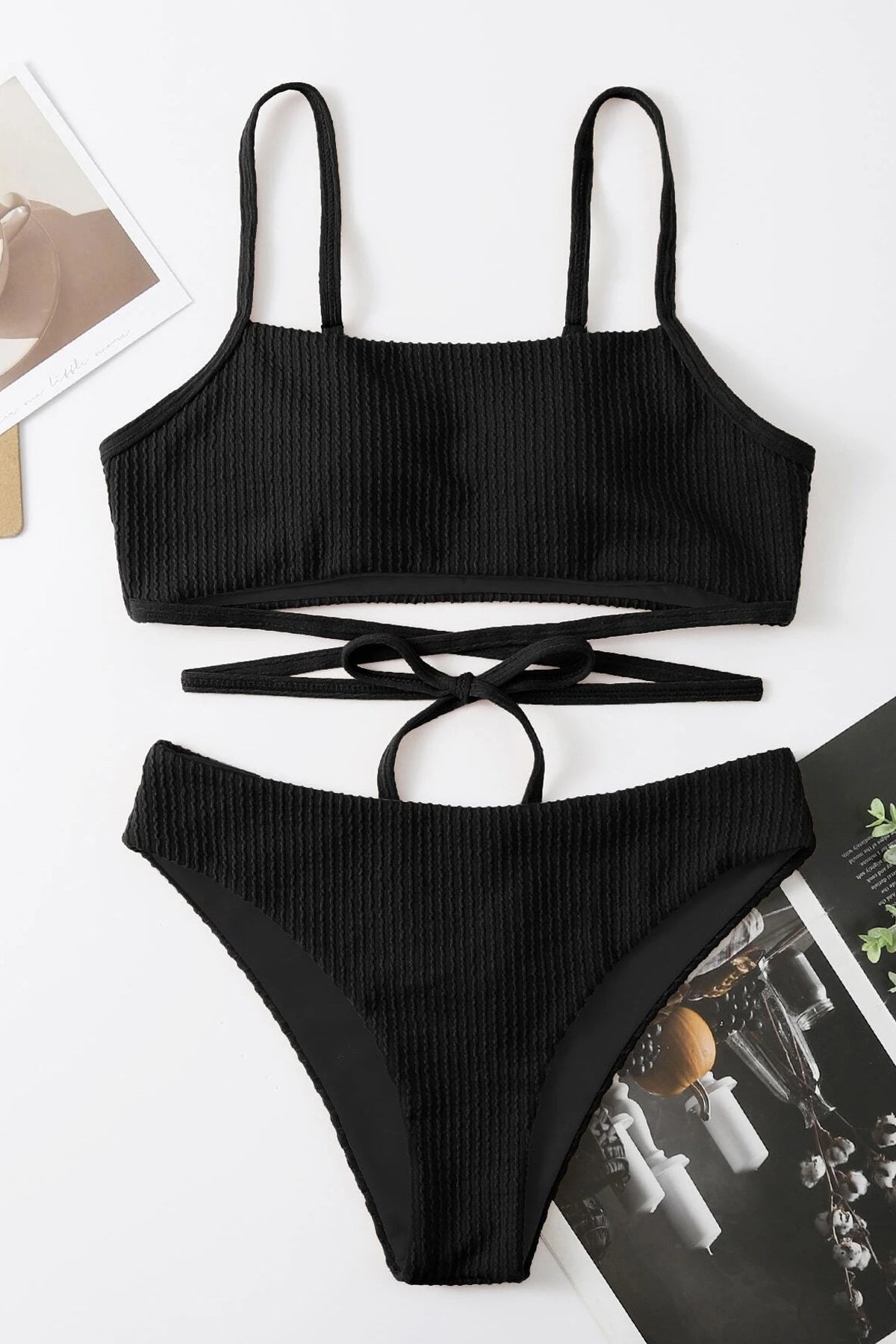 Kadın Siyah Çapraz Bağlama Detaylı Yüksek Bel Bikini Takımı