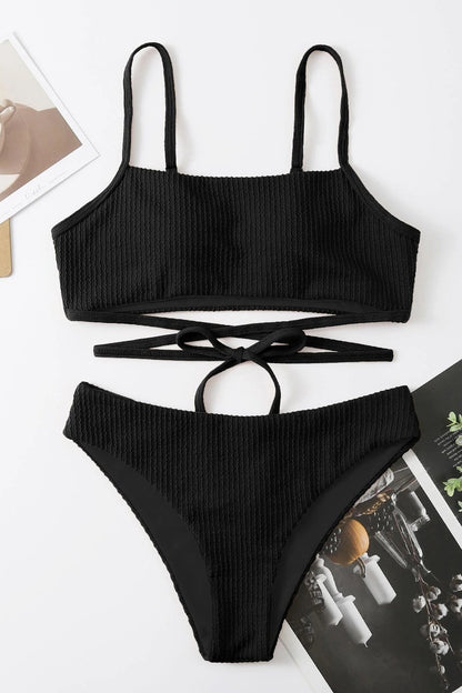 Kadın Siyah Çapraz Bağlama Detaylı Yüksek Bel Bikini Takımı