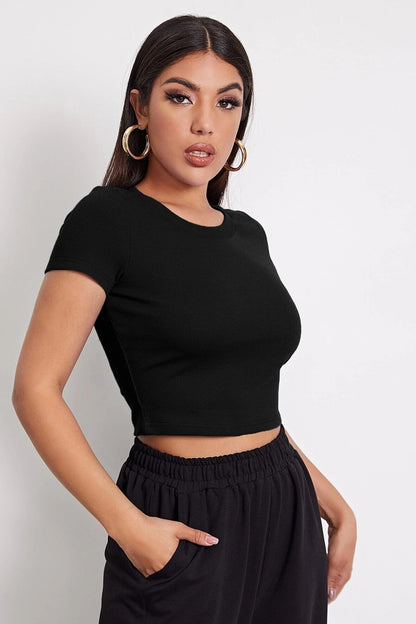 Kadın Siyah Yuvarlak Yaka Yarım Kol Crop Top Bluz