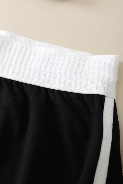 Kadın Siyah Beyaz Lastikli Çapraz Crop Toplu Şortlu Gecelik Takım