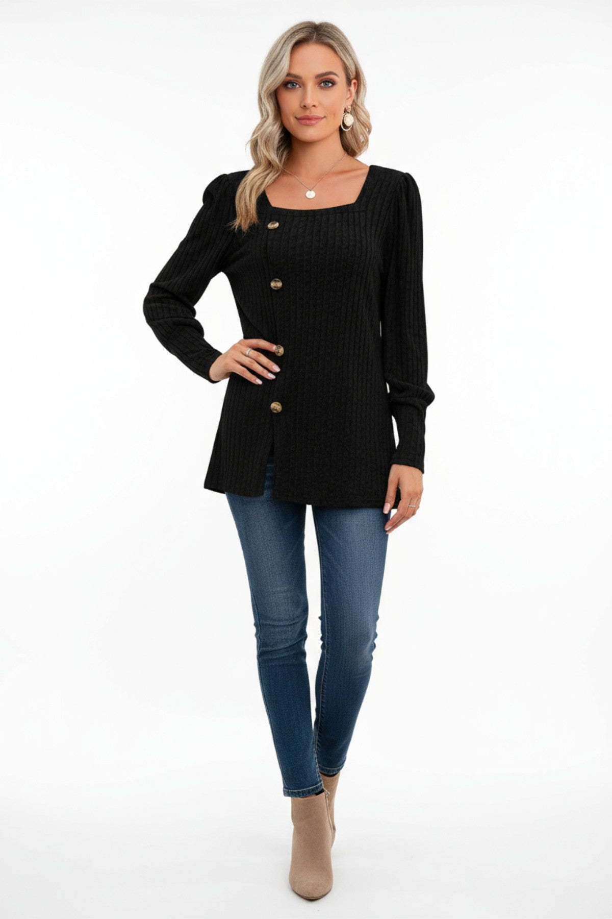 Kadın Uzun Kollu Düğmeli Mevsimlik Bluz – Yumuşak Dokulu, Esnek ve Sıcak Tutan Kumaş