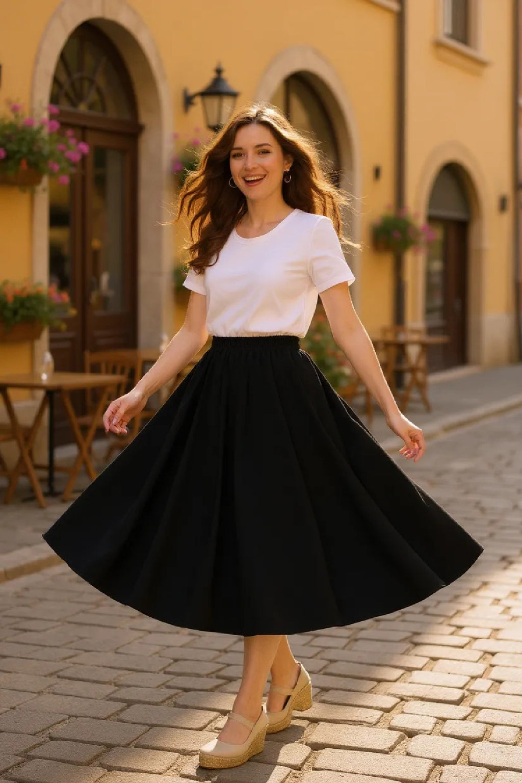 Kadın Kahverengi Double Kumaş Beli Lastikli Cepli Etek