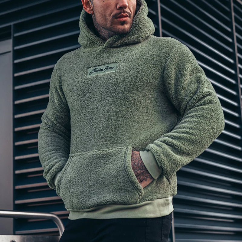 Erkek Peluş Kapüşonlu Sweatshirt Büyük Cepli Moda Uzun Kollu Kazak