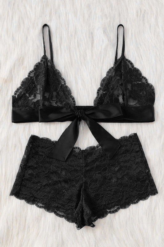 Kadın Siyah Dantelli & Kurdelalı Sütyen Külot Takımı