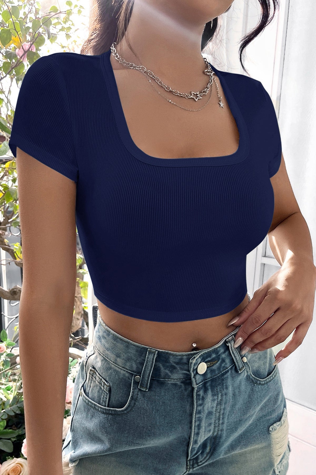 Kadın Lacivert Yarım Kol Düz Yaka Crop Top Bluz