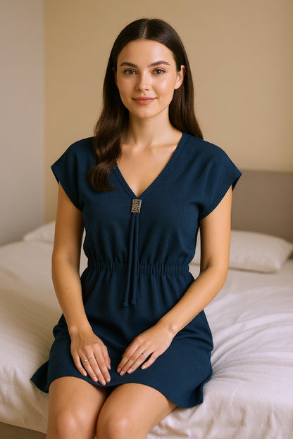 Kadın Haki Yanları Yırtmaçlı Tokalı V Yaka Mini Plaj Elbisesi